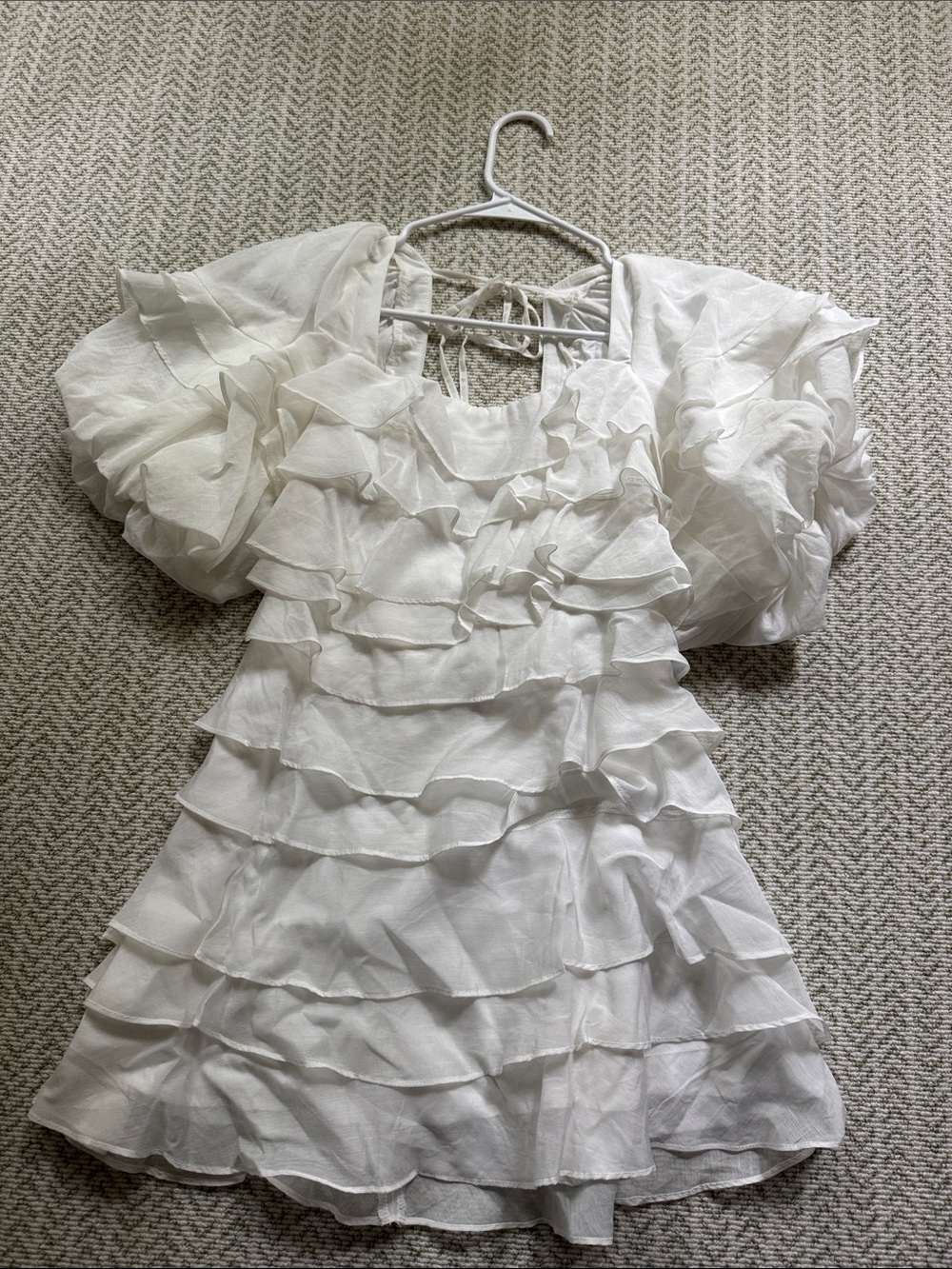 White Ruffle Tiered Mini Dress with Puff Sleeves